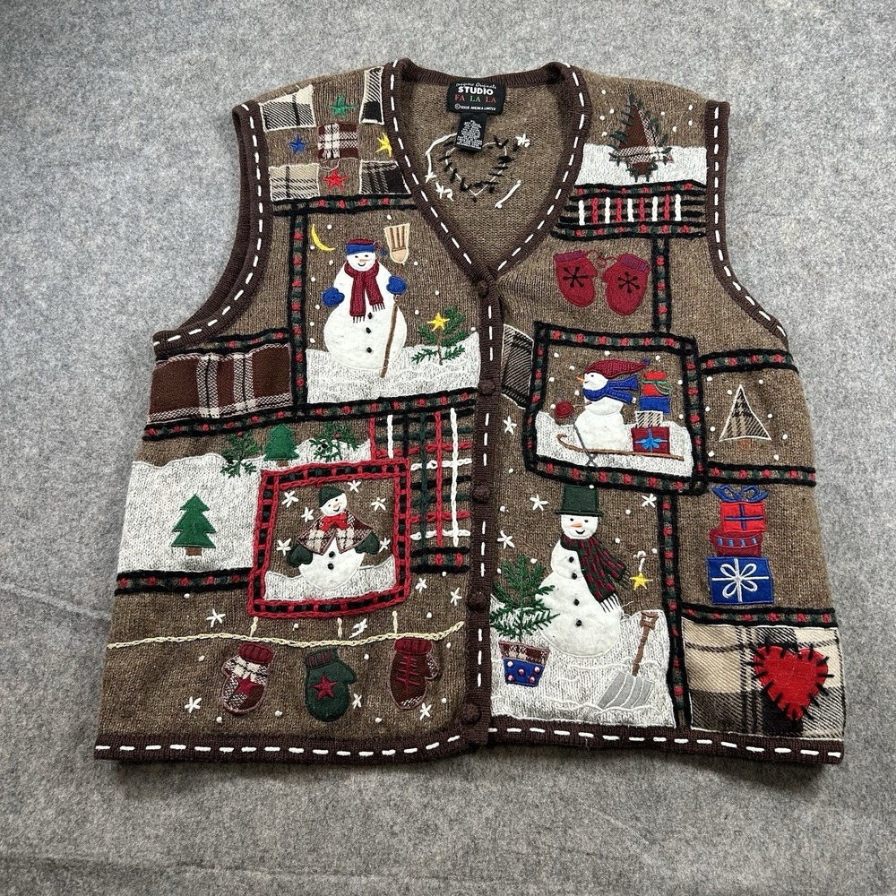 Vtg Designer Originals Studio Santa Sweater Vest XL 90's Fa La La Ugly Christmas